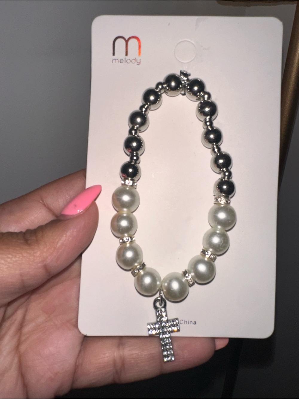 Melody White Pearl & Silver Bead Cross Bracelet